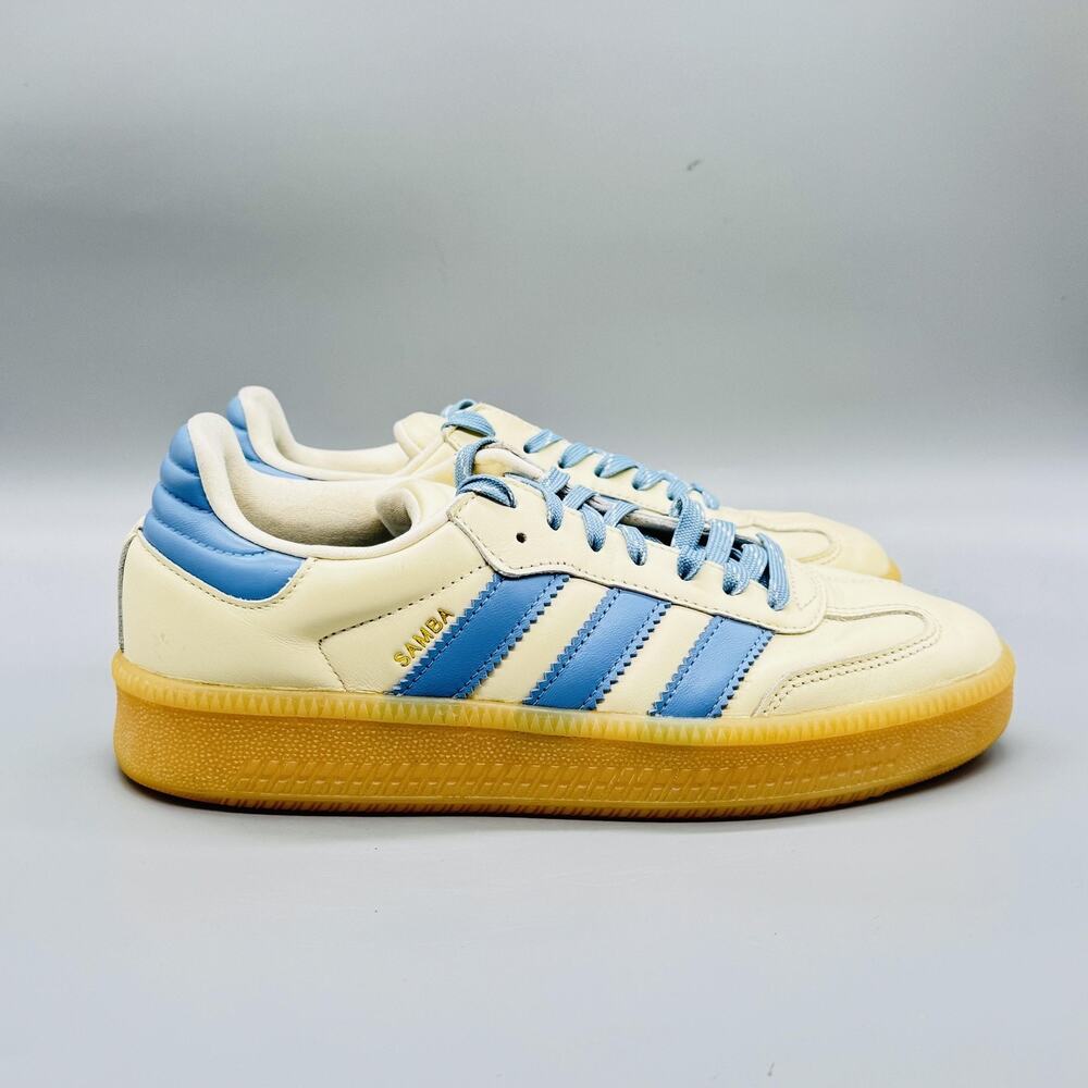 Adidas Originals Shoes Mens 8 White Blue Leather Samba Gum Sole Soccer Sneakers
